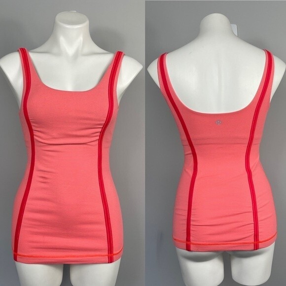 Lululemon Neon Orange Pink Striped Scoop Neck Tank Top Built In Sports Bra 4 - Picture 3 of 13